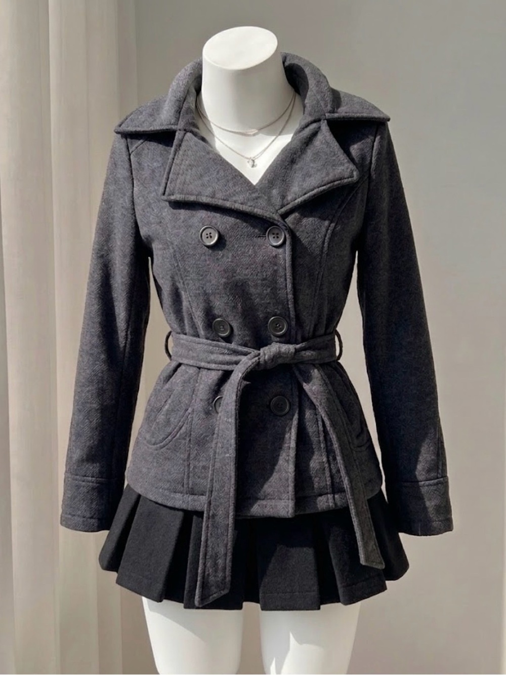 Jou Jou Gray Double-Breasted Belted Pea Coat with Detachable Plaid Hood